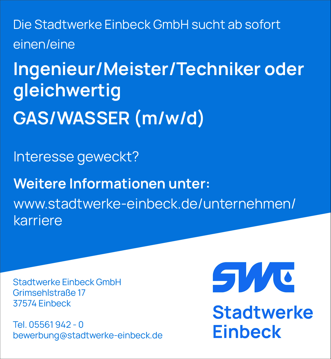 Ingenieur/Meister/Techniker oder gleichwertig GAS/WASSER (m/w/d) - Stadtwerke Einbeck GmbH